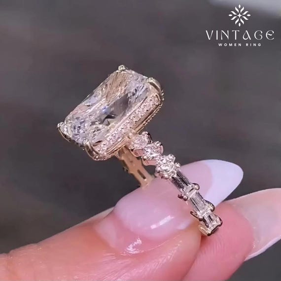 3 CT Radiant Cut Moissanite Engagement Ring: 18K Gold Hidden Halo Solitaire