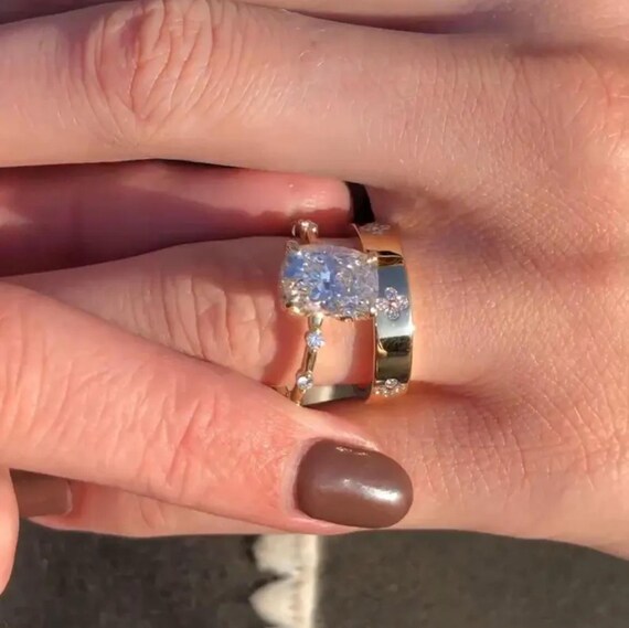 Cushion Solitaire Bridal Ring | Moissanite Ring with Diamond Spaced Band & Flower Cluster Band | Cushion Wedding Set | Promise Ring for Her