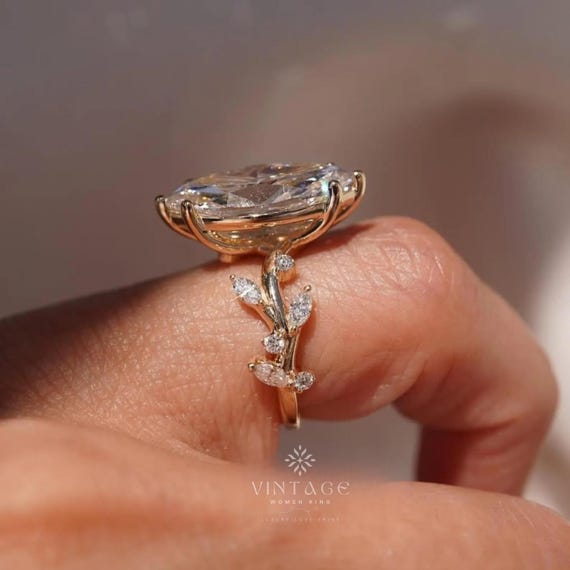 4 CT Vintage Marquise Cut Moissanite Engagement Ring Art Deco 14K Yellow Gold Wedding Ring Nature Inspired Ring Floral Set Anniversary Gifts