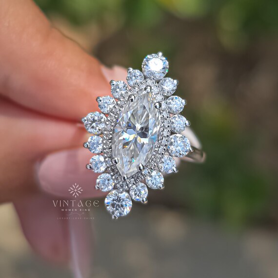 Antique Ring 2CT Marquise Cut Moissanite Engagement Ring Starburst Moissanite Wedding Halo Ring 14k Solid Gold Ring Promise Ring For Her