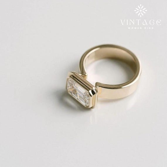 3CT Emerald Cut Moissanite Diamond, Engagement Ring, 18K Solid Yellow Gold Bezel Set East West, Wedding Ring Anniversary Gift Ring For Women
