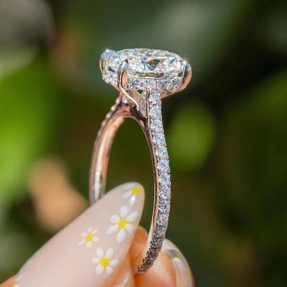 2 CT Oval Cut Moissanite Engagement Ring | Hidden Halo Cathedral Set | 10K White Gold Pave Eternity Diamond Band | Anniversary Gift for Her