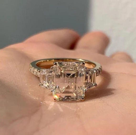3CT Emerald Cut Moissanite Engagement Ring, Three Stone Baguette Trapezoid Ring, Yellow Gold Bridal Ring, Mother’s Day Jewelry Gift for Her