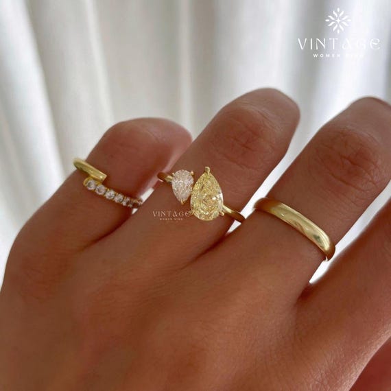 Pear Cut Moissanite Toi Et Moi Ring: Yellow Gold Engagement Jewelry