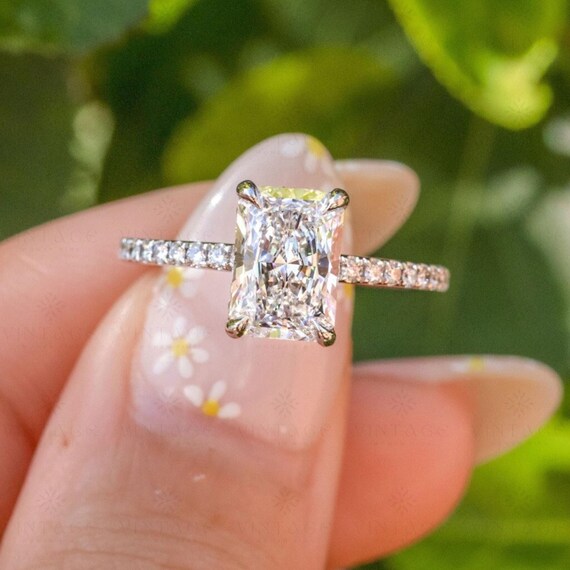 Radiant Cut Hidden Halo Engagement Ring with Pave Set Unique Hidden Pave Wedding Ring 2 ct Moissanite Ring Promise Ring Gift For Girlfriend