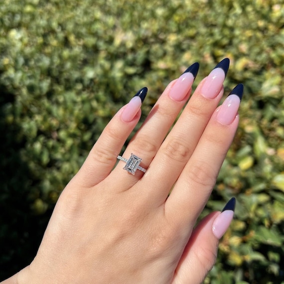 Emerald Cut Custom Pave Engagement Ring 18K Solid Gold Sterling Wedding Ring Hidden Halo Engagement Ring Christmas Gift Ring For Girlfriend