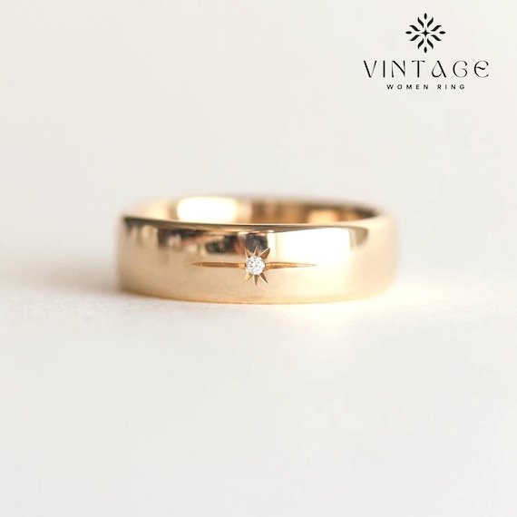 4 mm Solid Gold Men's Wedding Band | Flush Set Diamond Ring | Minimalist Gold Band for Him | Beveled Edge Ring | Gift for Husband