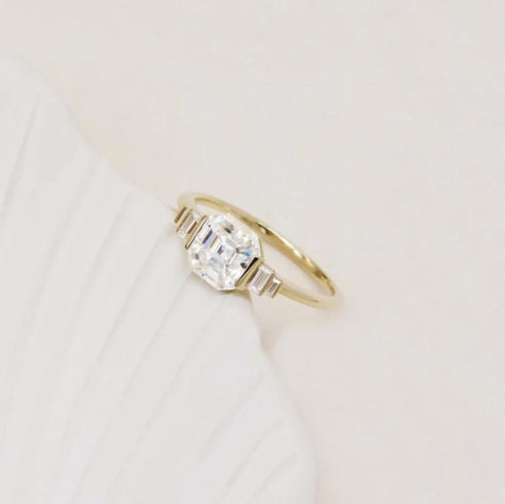 1CT Asscher Cut Moissanite Solitaire Ring – Bezel Set Engagement Ring, Baguette Moissanite Band, Minimalist Wedding & Anniversary Gifts