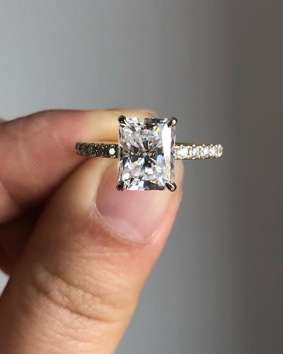 Stunning 2.43 CT Radiant Cut Colorless Moissanite Engagement Ring, Designer Radiant Wedding Ring, 10k/14k/18k White Gold Anniversary Ring