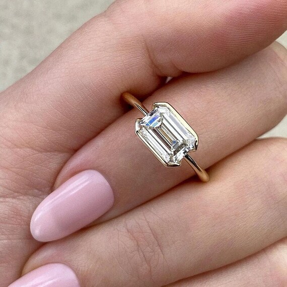 Vintage 2CT Emerald Cut Moissanite Engagement Ring East West Emerald Solitaire Ring Half Bezel Set Wedding Promise Anniversary Gift Ring