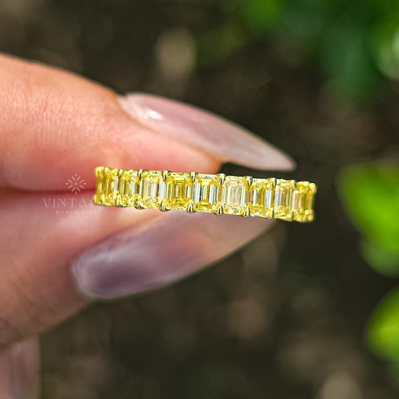 Fancy Yellow Emerald Cut Moissnite Diamond Half Eternity Band 14K Gold Wedding Band Natural Sapphire Band Ring Anniversary Gift Promise Band