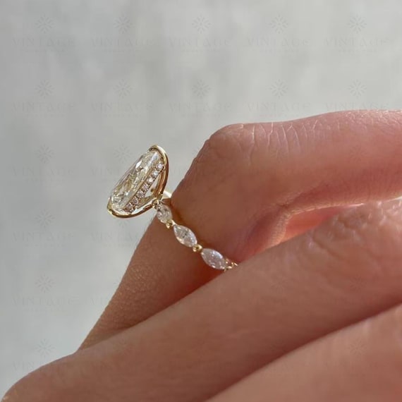 4 CT Pear Cut Moissanite Wedding Ring Hidden Halo 14K Solid Yellow Gold Side 3/4 Eternity Band Marquise Diamond Engagement Ring Gift For Her