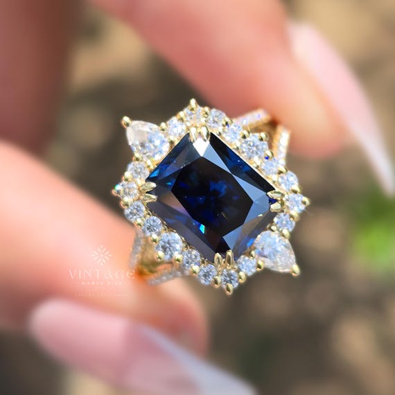 Vintage Engagement Ring 3CT Radiant Cut Dark Blue Moissanite Wedding Ring Flower Style Halo Ring Double Prongs Promise Ring For Her