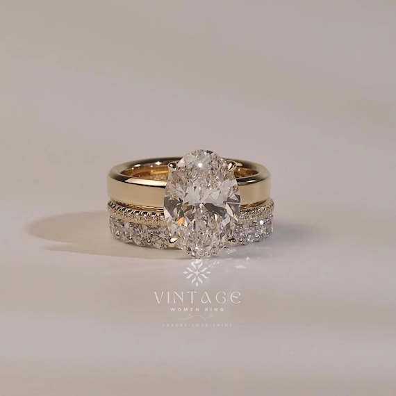4CT Oval Cut Moissanite Bridal Set Engagement Ring Set Three Ring Set 14K Yellow Round Band & Plain Diamond Matching Band Set Gift For Women