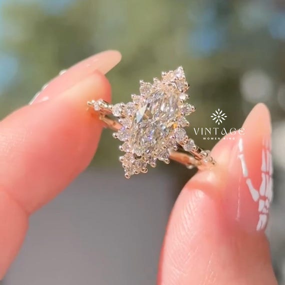Marquise Cut Cluster Engagement Ring, Moissanite Diamond Wedding Ring, 14K Solid Gold Art Deco Anniversary Ring, Promise Ring Gift For Women