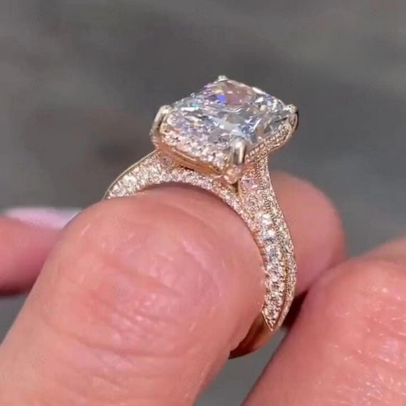 4 CT Radiant Cut Moissanite Engagement Ring, eternity wide band, unique luxury wedding ring, hidden halo Promise Ring, Anniversary Gift