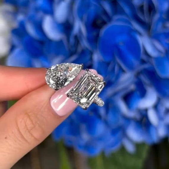 Two Stone Toi Et Moi Ring, 8 TCW Pear & Emerald Cut Engagement Ring, Claw Prong White Gold Wedding Ring , Anniversary Forever Gift Ring