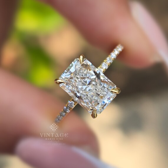 Ascot Hidden Halo 3 CT Radiant Cut Moissanite Engagement Ring Unique Radiant Cut Wedding Ring 14k Solid Gold Anniversary Gift for Her