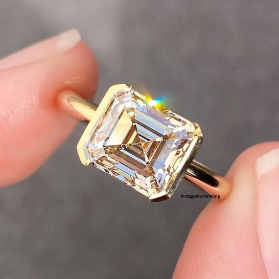 3 CT Excellent Asscher Cut Solitaire Champagne Asscher Moissanite Ring 14k Solid Gold Half Bezel Setting Promise Wedding Ring Gift For Women