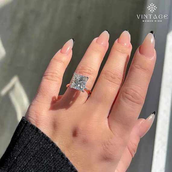 Princess Cut Solitaire Engagement Ring 18k White Gold Moissanite Hidden Halo Wedding Proposal Ring Solitaire Anniversary  Promise Gift Ring