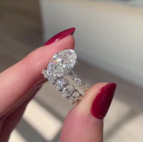 Solitaire Engagement Ring with Matching Half-Eternity Band | 3.5CT Oval Moissanite Bridal Set | Perfect Proposal & Anniversary Gift