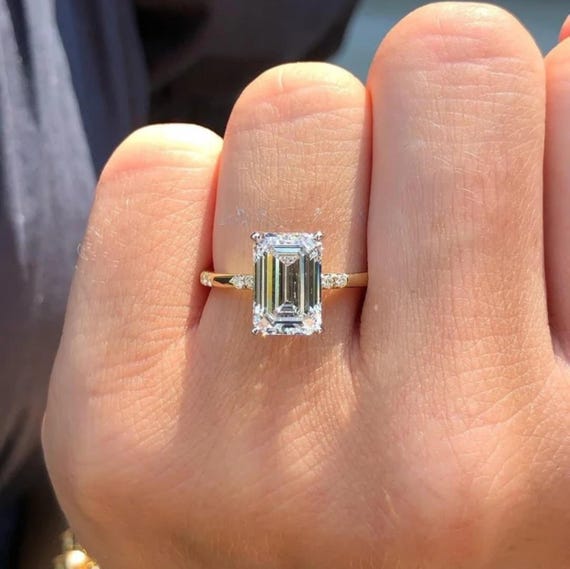 3CT Emerald Cut Moissanite Ring | Hidden Halo Solitaire Engagement Ring | 14K Gold Wedding Ring | Promise Anniversary Gift for Her