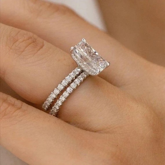 3CT Radiant Moissanite Ring Set | Two Piece Bridal Ring in 14K 18K Gold | Rose Yellow White Gold Bands | Unique Gift for Her | Wedding Set