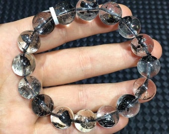 13mm Natural Herkimer Diamond Black rutilated quartz bracelet rare gemstone Black rutilated quartz gemstone bracelet