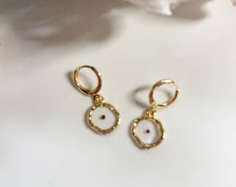 Mustard seed earrings; resin huggie hoops; faith dangles