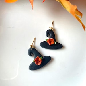 witch hat earrings,witchy dangles,floral fall earrings,cottage core earring dangles,spooky fun witch hats,cute with hat dangles
