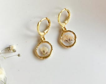 Real Baby's Breath Resin Earrings, Floral Huggie Hoops, Gold Plated Jewelry