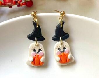 Polymer Clay Ghost Earrings: Pumpkin Dangle, Hypoallergenic