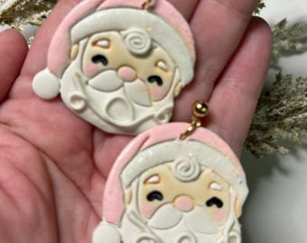 Santa Earrings, pink Christmas polymer clay dangles, handmade.