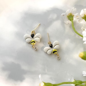 Dainty Bee Dangle Earrings: Handmade Polymer Clay, Rhinestone Accent