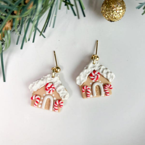 Gingerbread house earrings: handmade Christmas earrings, polymer clay jewelry with peppermint accents