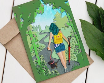Kleurrijke wenskaart wandelen met tekkel naar Rotterdam - Collage illustratie gemaakt van gerecycled papier - Wandelen