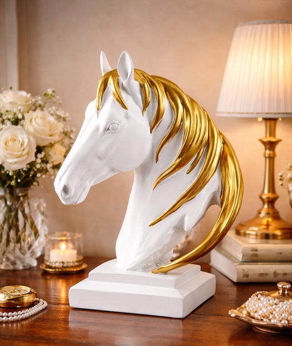馬の頭の像 - 台座付き樹脂製置物 高さ21cm (8.3インチ) 乗馬をテーマ