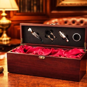 Puede incluir: Un juego de herramientas para vino de madera con forro de satén rojo oscuro. La caja abierta revela un sacacorchos, un tapón de botella y otros accesorios para vino. La caja es de madera oscura y tiene un cierre dorado.
