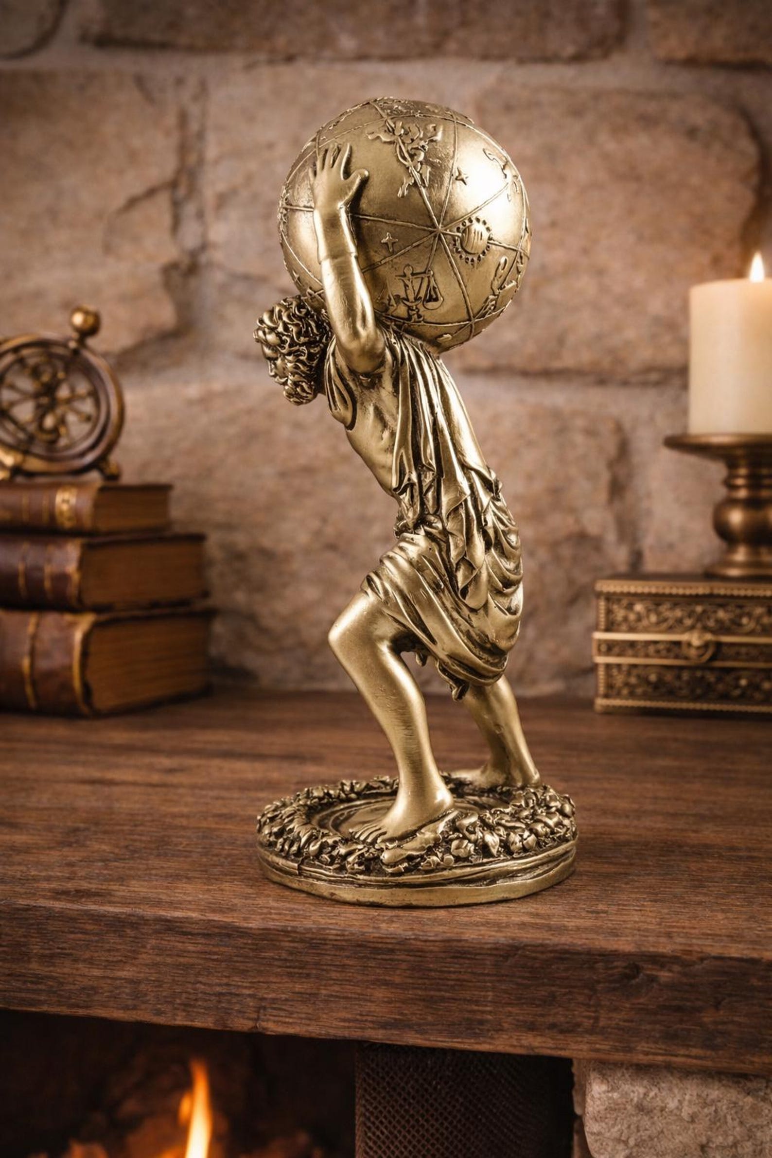 Atlas Statue - Greek Titan Holding the World Bronze Finish Resin 28 Cm ...