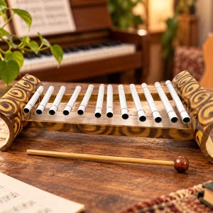 Peut inclure: Un xylophone en bois doté d'un cadre incurvé avec un motif en spirale marron foncé et onze barres métalliques argentées alignées. Un maillet en bois avec une tête ronde marron est placé horizontalement devant l'instrument.