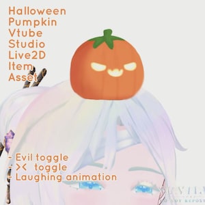 May include: A digital illustration of a white-haired character with blue eyes wearing a jack-o'-lantern hat. The text "Halloween Pumpkin Vtube Studio Live2D Item Asset" is above the character. The text "Evil toggle, >> toggle, Laughing animation" is below the character.