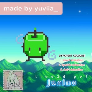 Peut inclure: Un personnage pixelisé vert avec une tige sur le dessus, ressemblant à une pomme, avec le texte "live2d pet junimo" en dessous. Le texte "DIFFERENT COLOURS!" est au-dessus du personnage, avec une liste d'options d'animation : "Heart Animation", "Sparkle Animation" et "Swirl Animation".