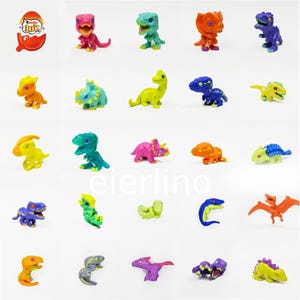 May include: A collection of 24 colourful plastic dinosaur toys. The dinosaurs are in various poses and colours, including green, blue, red, yellow, orange, and purple. The dinosaurs are all small, about 2 inches tall. The dinosaurs are packaged in a Kinder Joy egg.