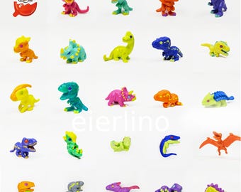 May include: A collection of 24 colorful plastic dinosaur toys. The dinosaurs are in various poses and colors, including green, blue, red, yellow, orange, and purple. The dinosaurs are all small, about 2 inches tall. The dinosaurs are packaged in a Kinder Joy egg.