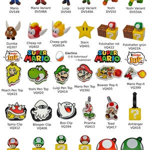 May include: A collection of Super Mario Bros. themed toys and accessories, including figures, keychains, and pen toppers. The toys feature characters such as Mario, Luigi, Yoshi, and Bowser. The accessories come in a variety of colours and designs, such as red, green, yellow, and blue.
