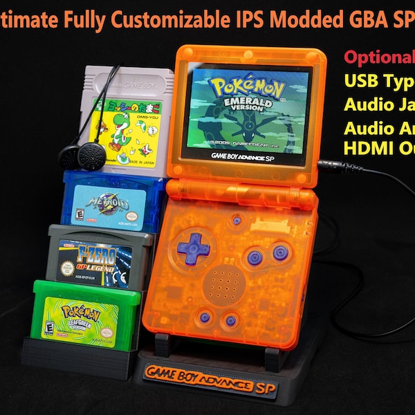 Ultimate Modded Nintendo Gameboy Advance SP, IPS Screen, Big Battery, Audio Jack, HDMI Out, Usb Type-c, New Shell and Buttons, Grip and more