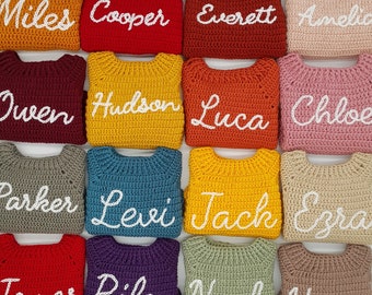 Gepersonaliseerde handgemaakte naam trui, aangepaste baby trui, hand haken en hand borduren truien voor baby's, peuters, kinderen