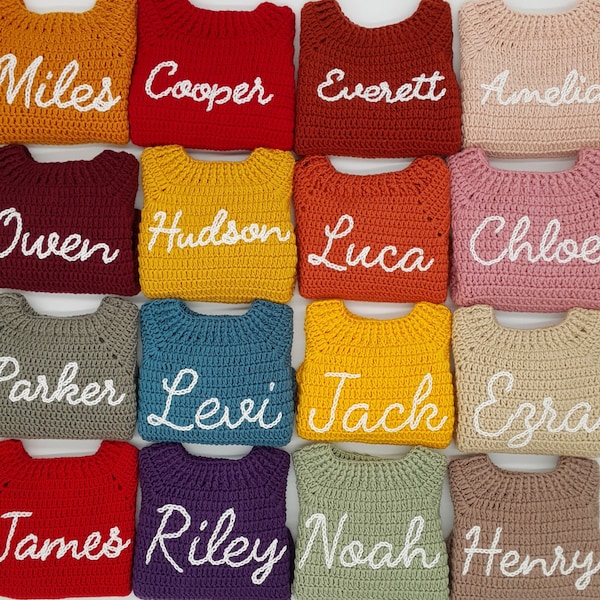 Personalisierte handgemachte Name Pullover, individuelle Baby Pullover, Hand häkeln und Hand besticken Pullover für Babys, Kleinkinder, Kinder