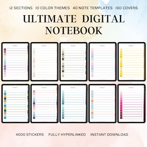 May include: A digital notebook with 12 sections, 10 color themes, 40 note templates, 160 covers, and 4000 stickers. The notebook is fully hyperlinked and available for instant download.