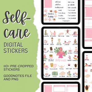 Self-Care Digital Stickers | GoodNotes and iPad Compatible | PNG Stickers for Wellness, Daily Routine, Self-love, with affirmations